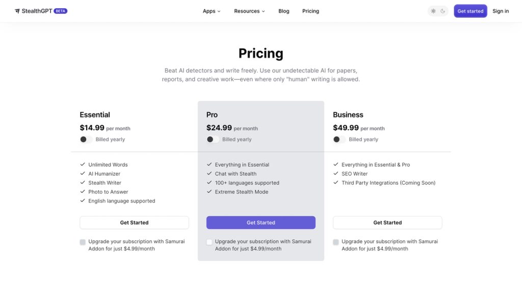 StealthGPT Pricing Plan