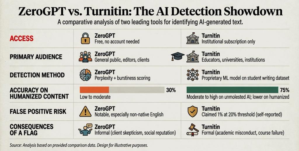 an infograph comparing ZeroGPT and Turnitin for AI detection