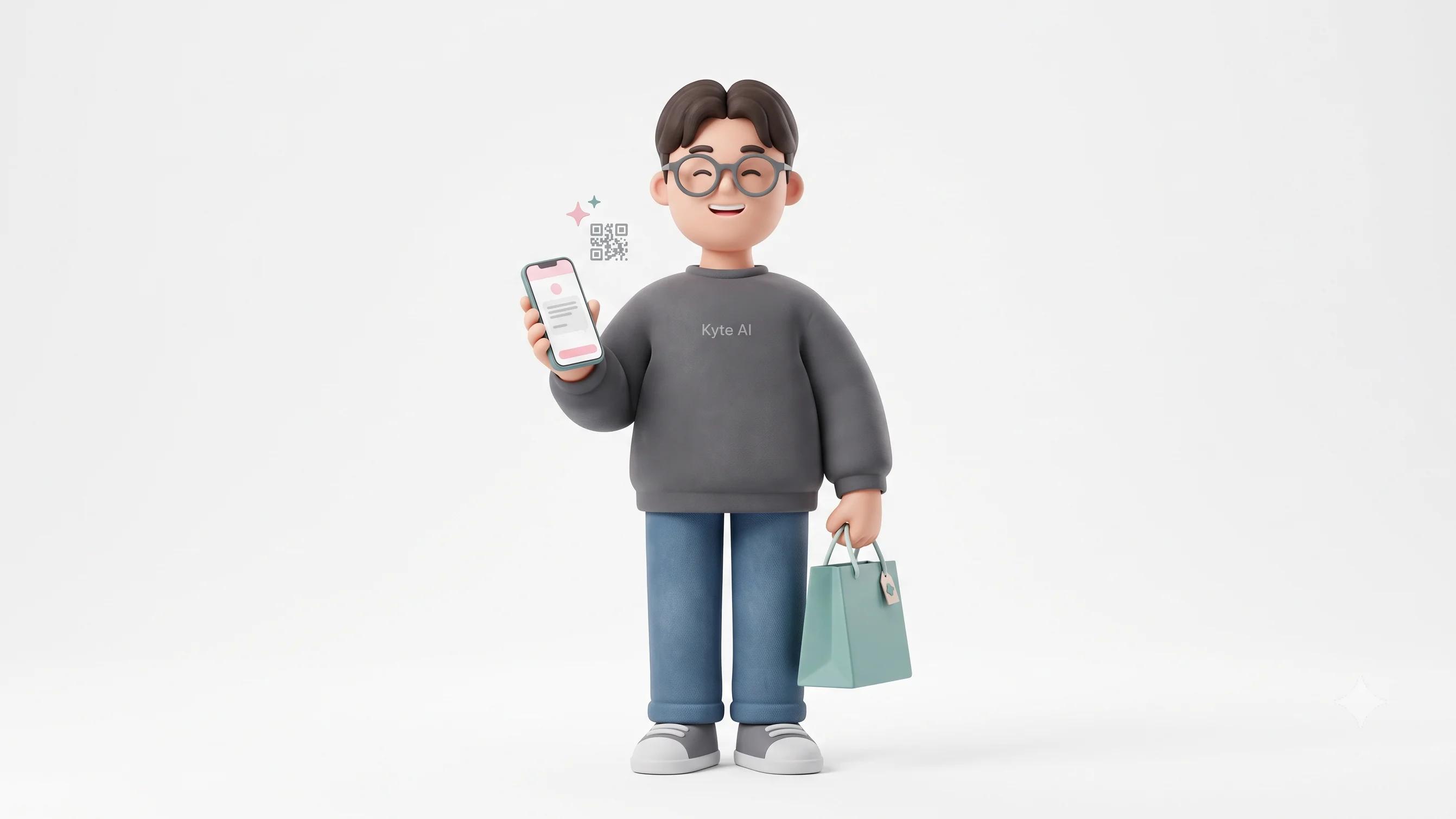 3d character with phone and shopping bag