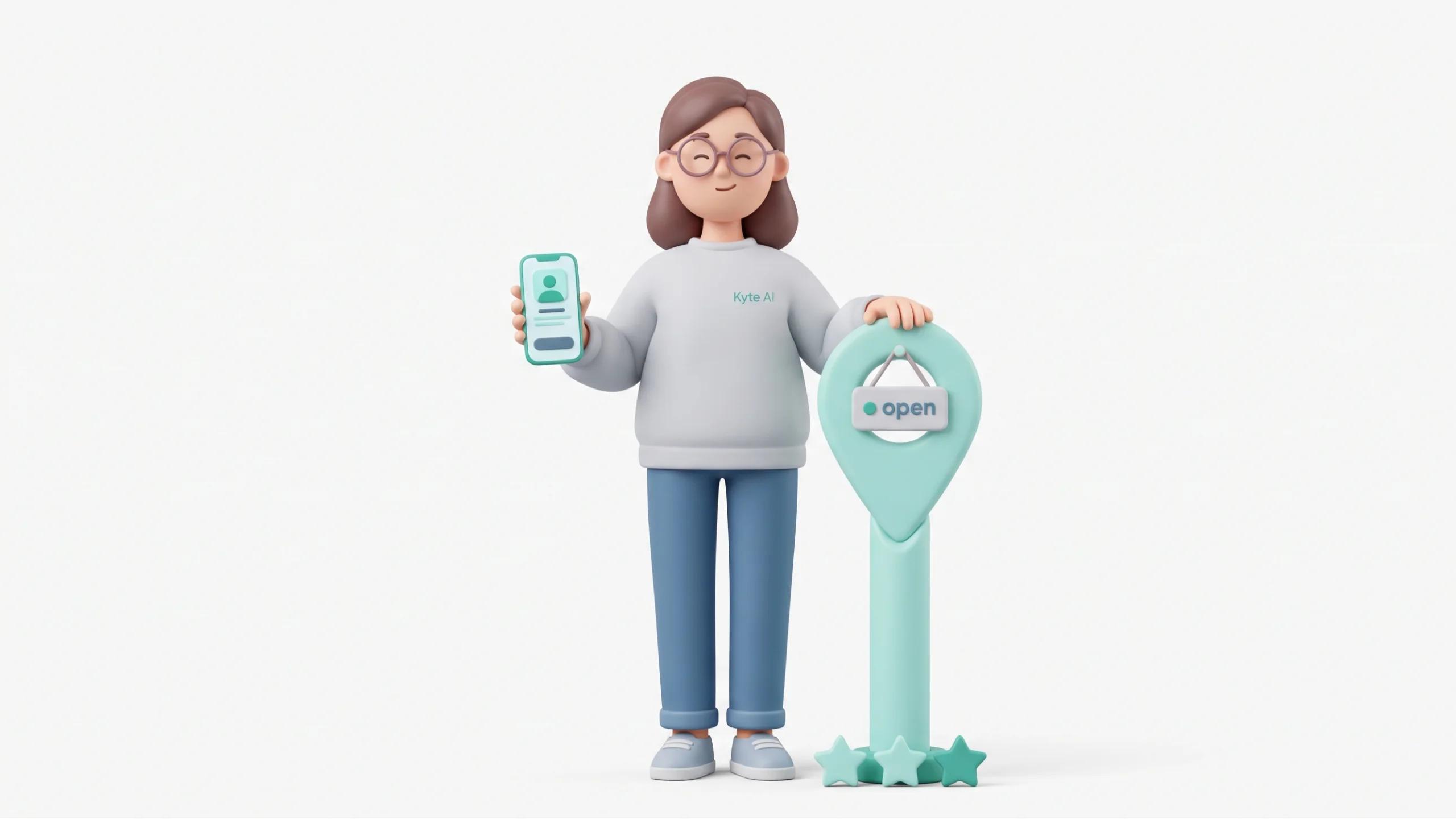 3D Character Standing tall next to a soft-clay map pin column slightly taller than her, both feet firmly grounded. She rests one hand on top of the pin as if claiming the spot for her store, and holds her phone in the other hand at waist height, screen facing the camera.