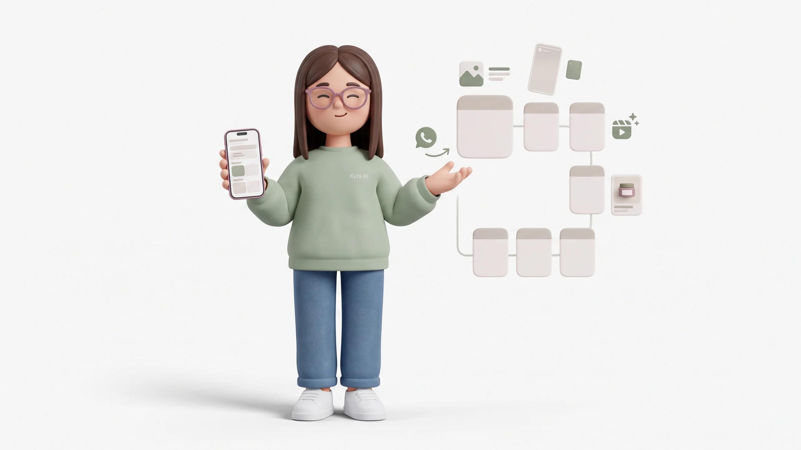 3D Character Standing comfortably in a relaxed full-body pose, with both feet firmly planted on the floor, holding a smartphone in one hand and pointing gently toward a floating 7-day content calendar.