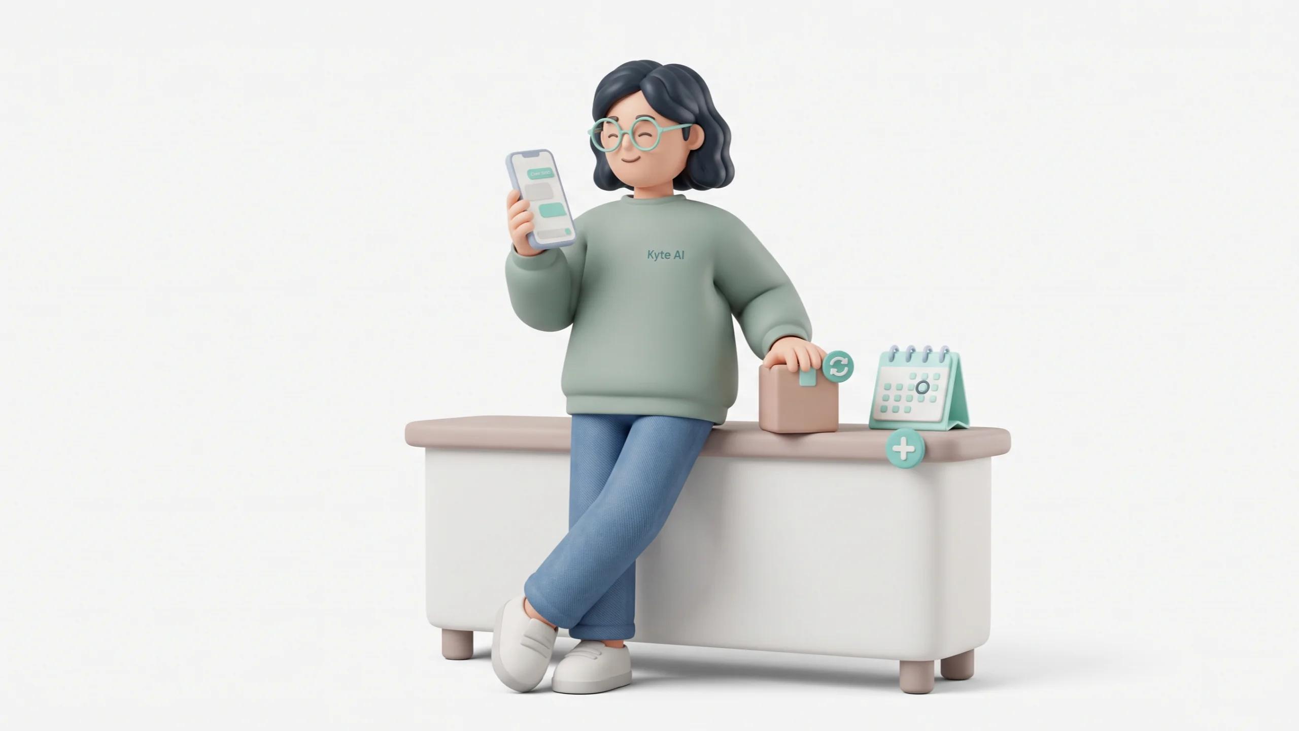 3D Character Leaning her hip against a small rounded counter, smartphone in one hand at eye level as she reads a draft message, the other hand resting on a single product box sitting on the counter. Both sneakers grounded, body angled three-quarters toward the camera.