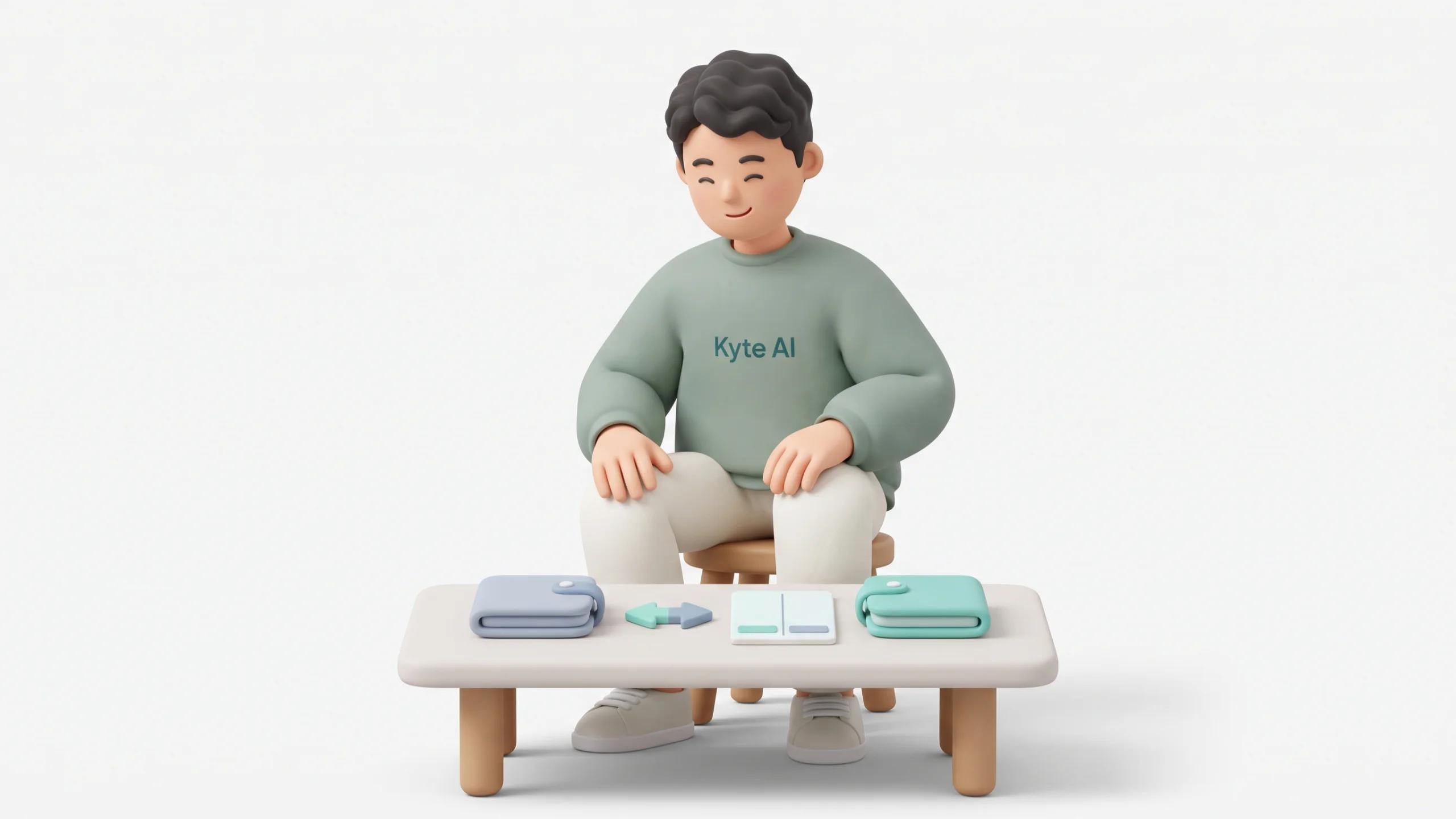 3D Character Sitting on a small stool at a low table, leaning forward with both hands resting on the table edge, looking down at two small soft-clay wallets placed side by side on the surface, like a shopkeeper carefully separating personal and business money. Both sneakers flat on the floor.