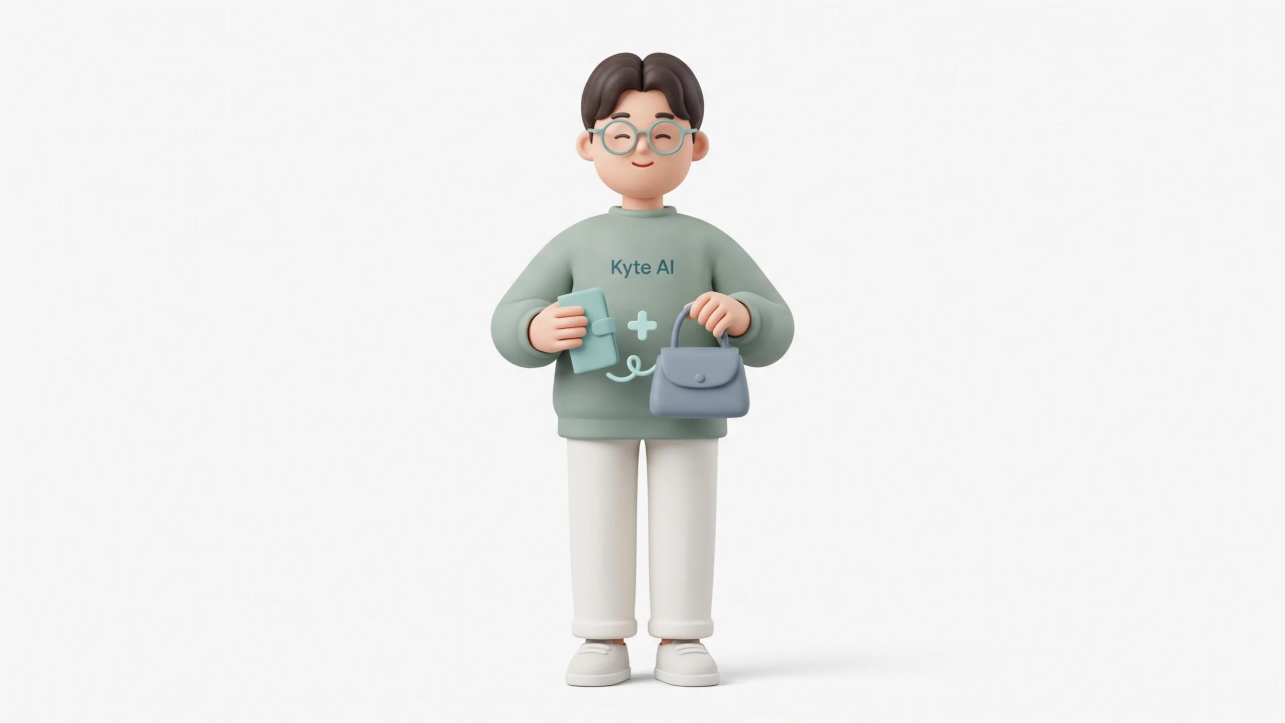 3D Character Standing straight and centered, holding one small product in each hand at chest level as if presenting them as a perfect pair. Both arms are slightly bent, elbows close to the body, and his head tilts subtly toward the products, like a shopkeeper showing two items that go together.