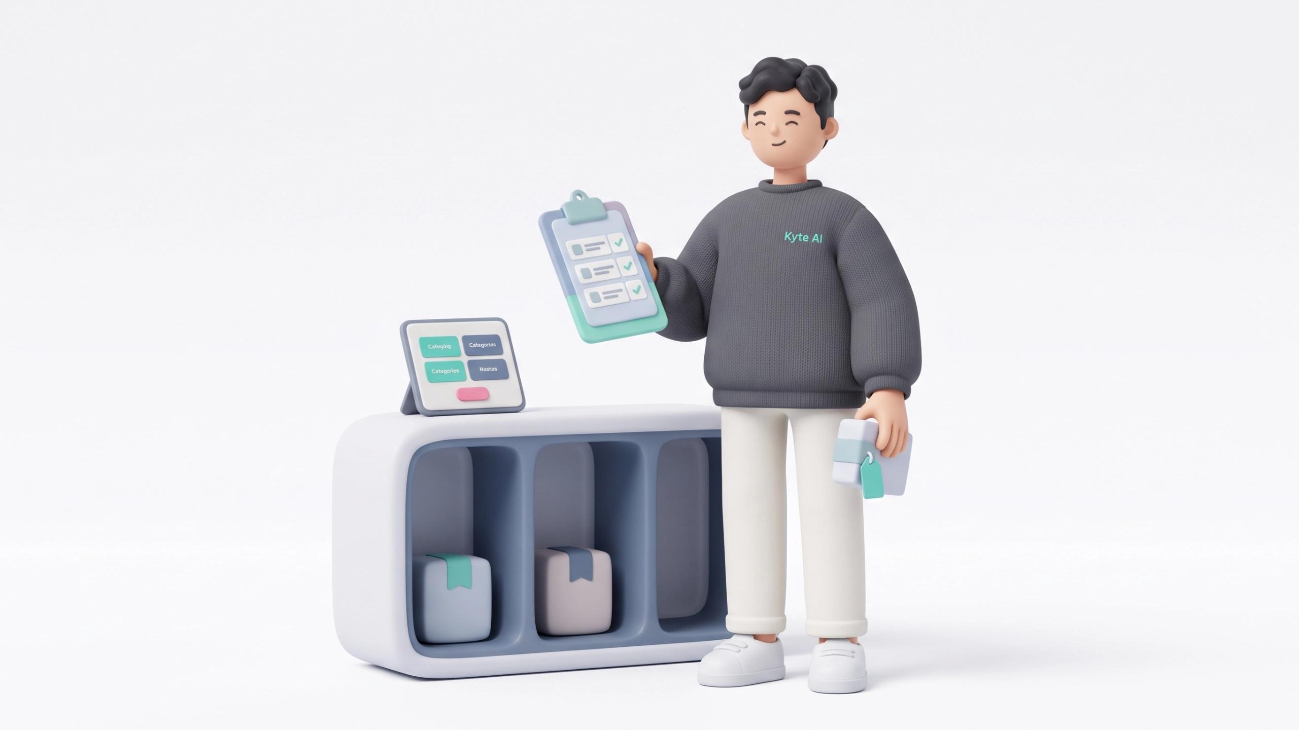 3D Character Standing behind the balcony holding a clipboard and sorting products