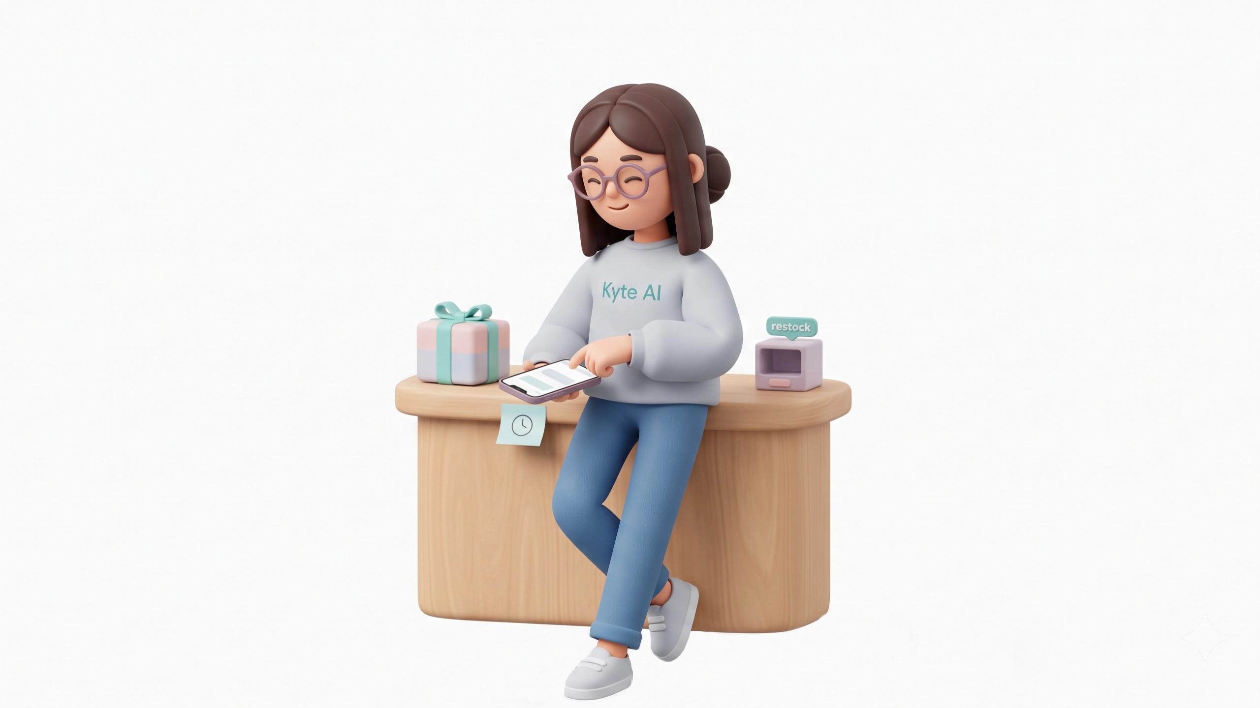 3D Character leaning casually with one hip against a small rounded counter, both sneakers visible on the floor. She rests a smartphone face-up on the counter in front of her and gently taps its screen with one finger, glancing down with a soft, attentive look.