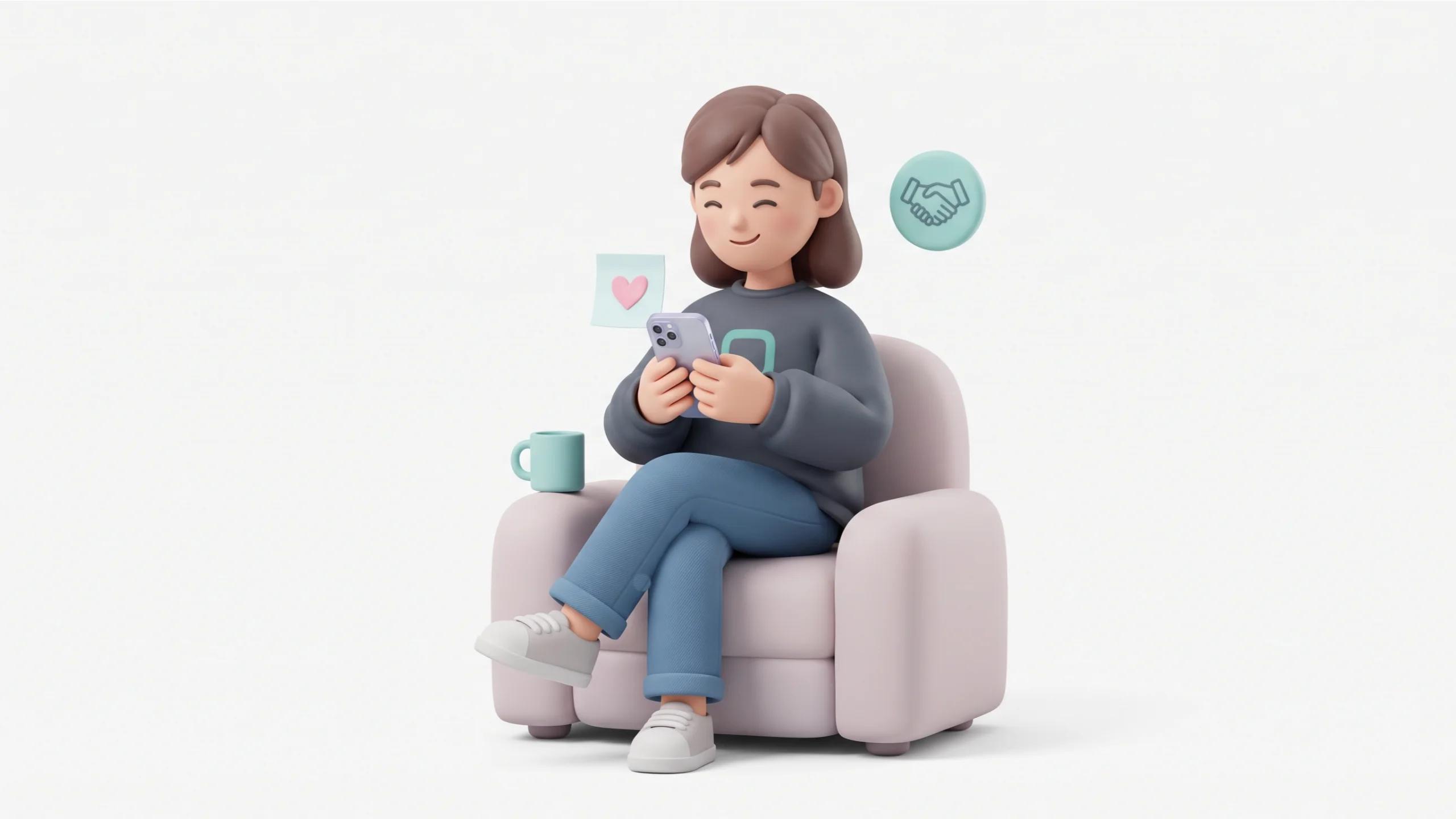 3D Character Sitting on a soft rounded chair with her back upright but relaxed, smartphone held in both hands at chest height as if carefully reading and composing a reply. Her legs are crossed at the ankles and her sneakers rest flat on the floor.
