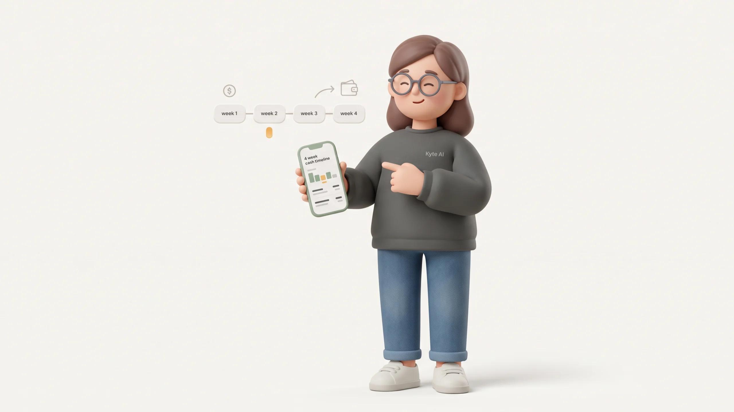 3D Character Standing comfortably in a relaxed full-body pose, with both feet firmly planted on the floor, body weight naturally balanced, both legs fully visible from hips to shoes. The character holds a smartphone in one hand showing a clean 4-week cash timeline, and gently points toward a simple floating timeline with four weekly checkpoints.