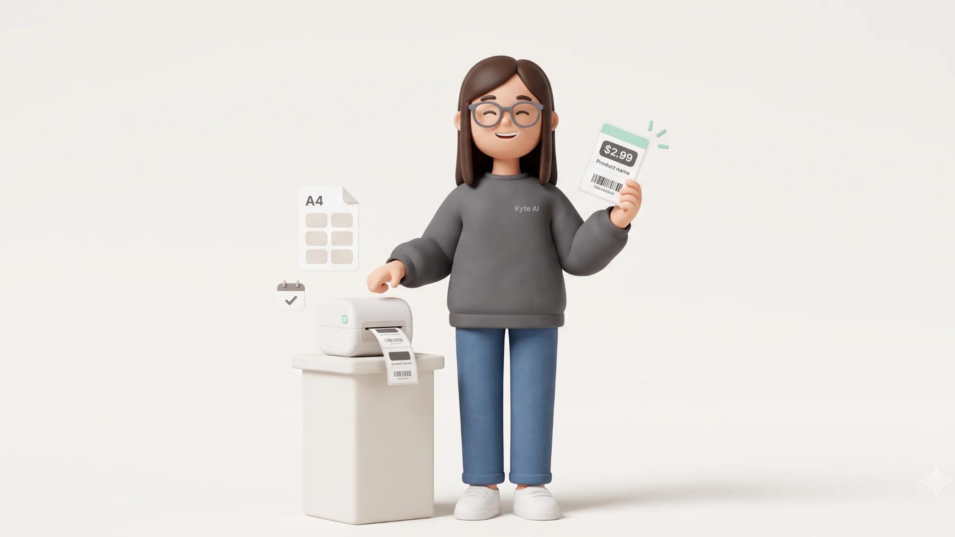 Personagem 3D: mulher com óculos, casaco cinza e calça jeans, segurando a etiqueta de um produto ao lado de uma impressora térmica