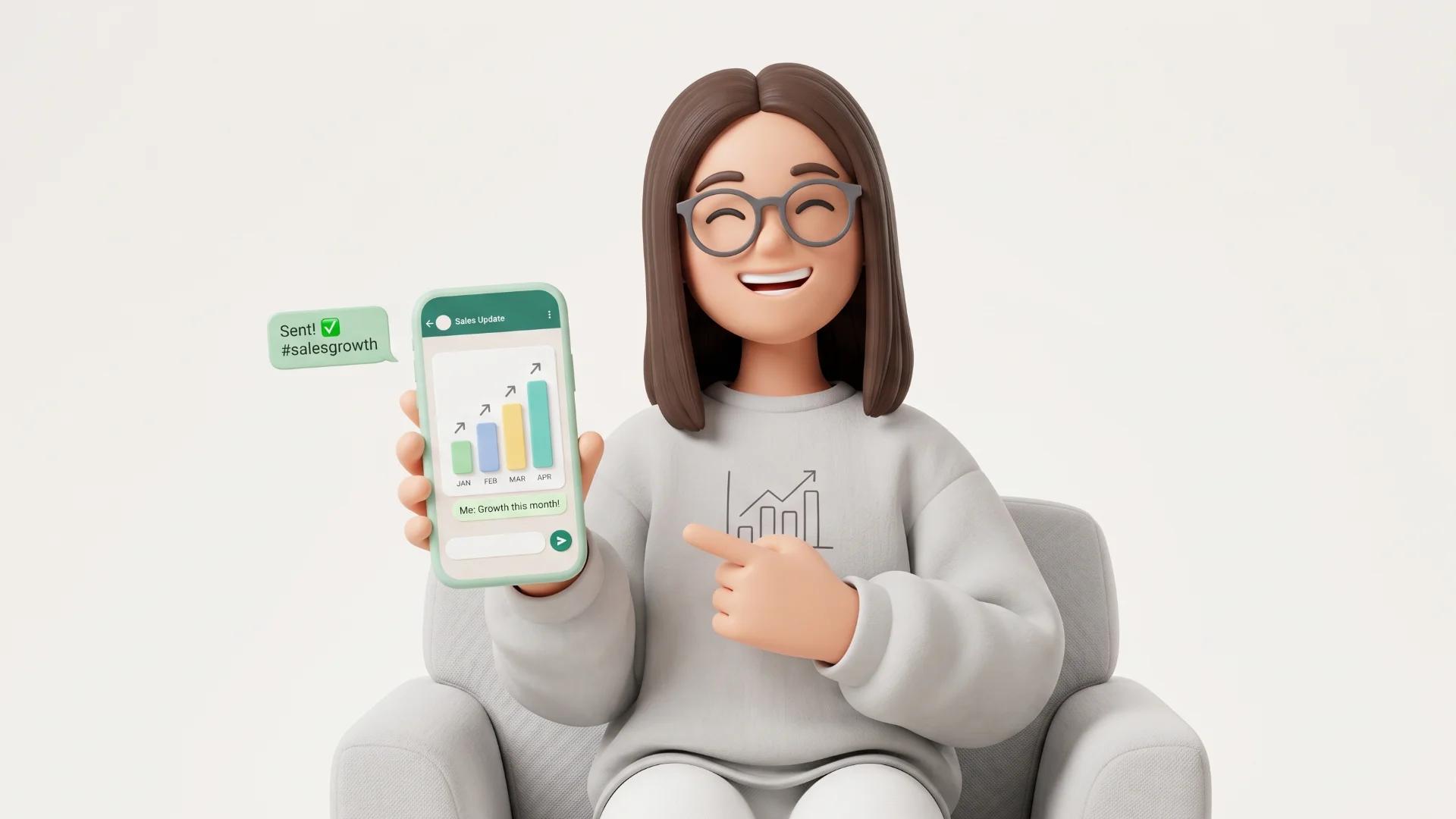 Animação 3d de mulher com celular na mão mostrando gráfico de vendas