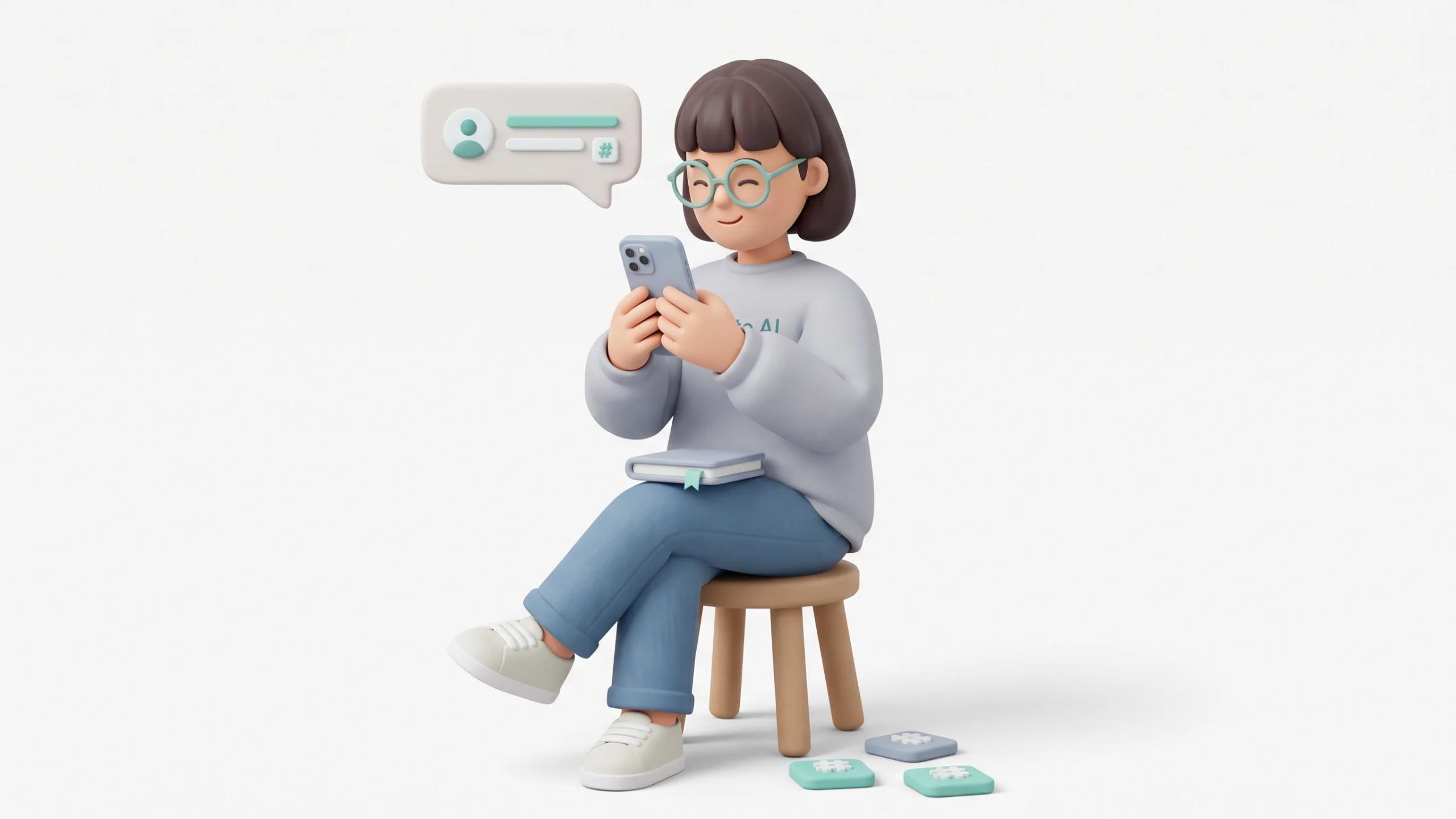 3D Character Sitting on a small soft-clay stool, holding her smartphone with both hands at face height like composing a store bio, one leg crossed over the other, both sneakers grounded. A soft profile bubble floats above her head.