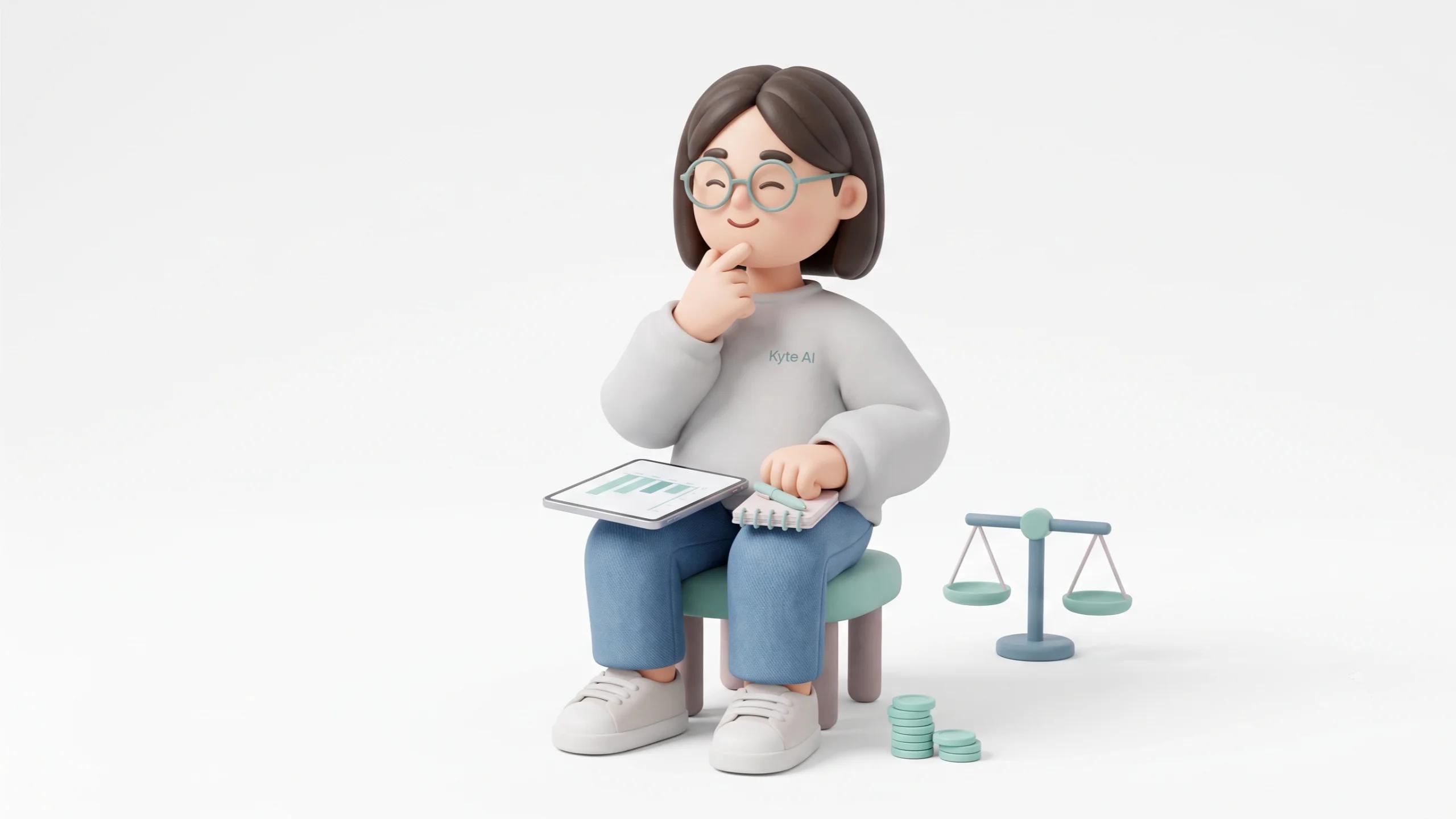 3D stylized shopkeeper character Sitting comfortably on a small rounded teal stool, leaning slightly forward with both feet flat on the floor. She holds a tablet on her lap showing a tidy cost-vs-sales breakdown. A small paper notebook with a pen rests on her knee. One hand is raised mid-thought, as if counting the minimum sales needed in her head.