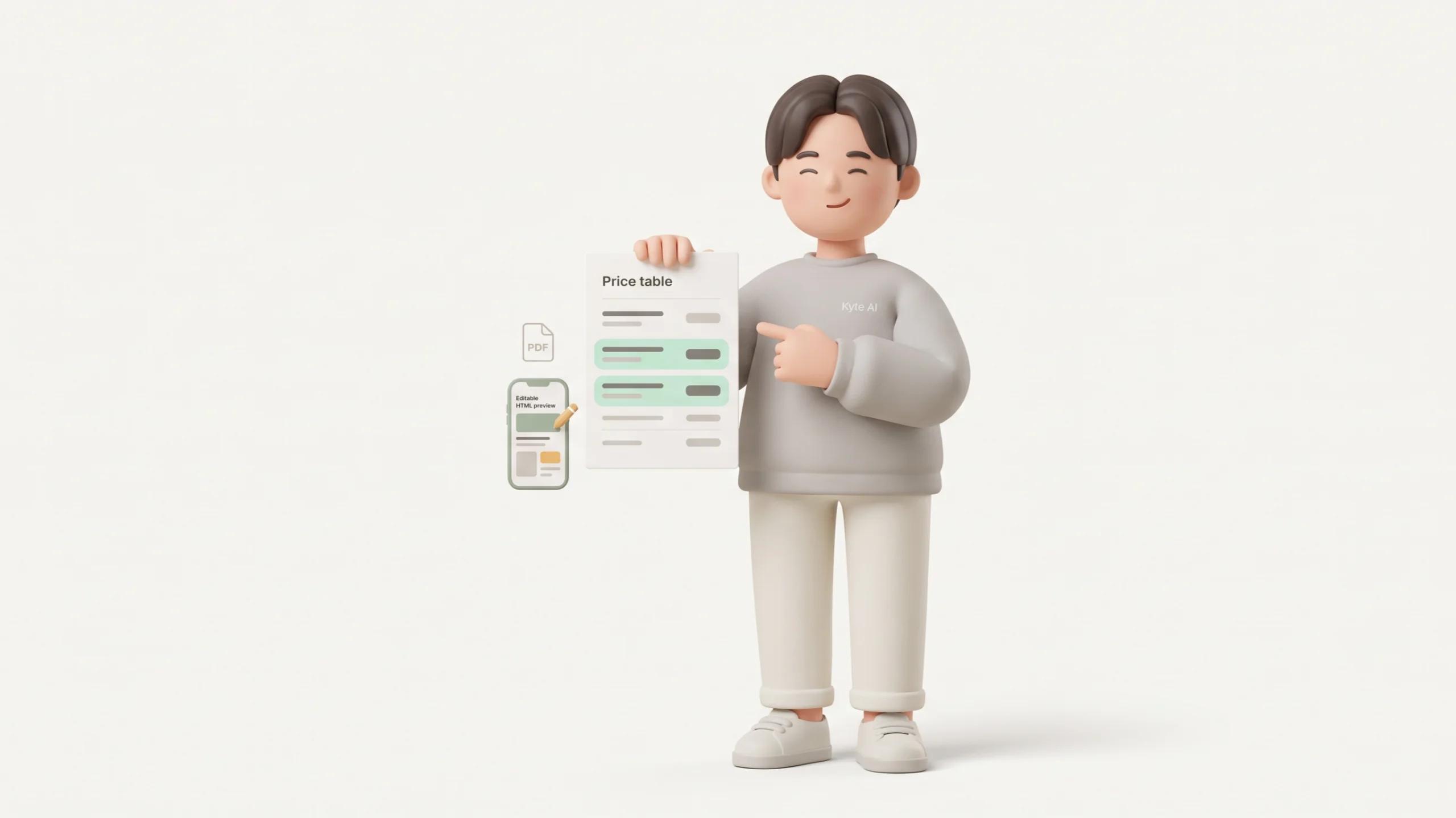 3D Character Standing comfortably in a relaxed full-body pose, with both feet firmly planted on the floor, holding a clean printed price table in one hand and pointing gently toward two highlighted anchor products.