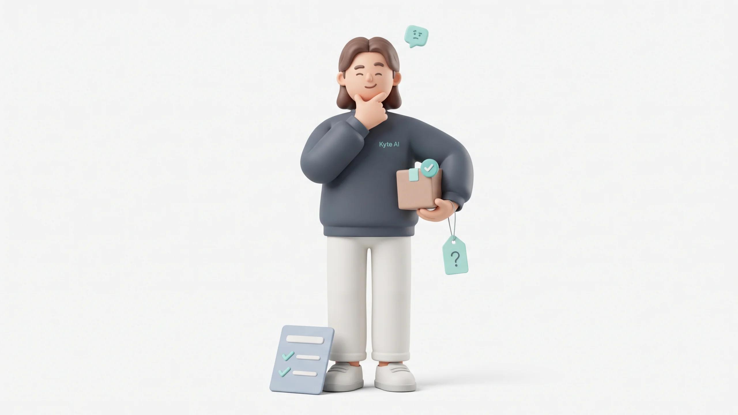3D Character Standing in a thinking pose, one hand resting on his chin and the other hand holding a single product box at hip level, like a shopkeeper considering the customer's objection and ready to explain value. Both sneakers firmly grounded.