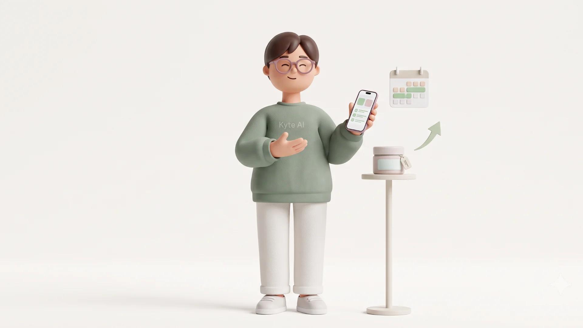 personagem 3d de um homem alegre segurando um celular e mostrando um produto numa mesa