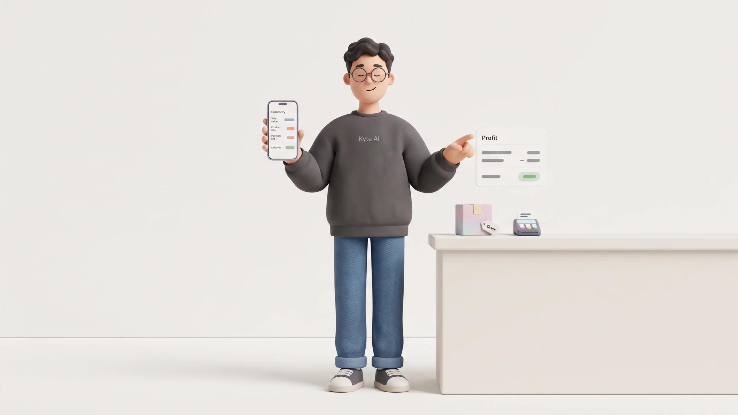 3D Character Standing comfortably in a relaxed full-body pose, with both feet firmly planted on the floor, holding a smartphone in one hand and pointing gently toward a simple profit calculation card.