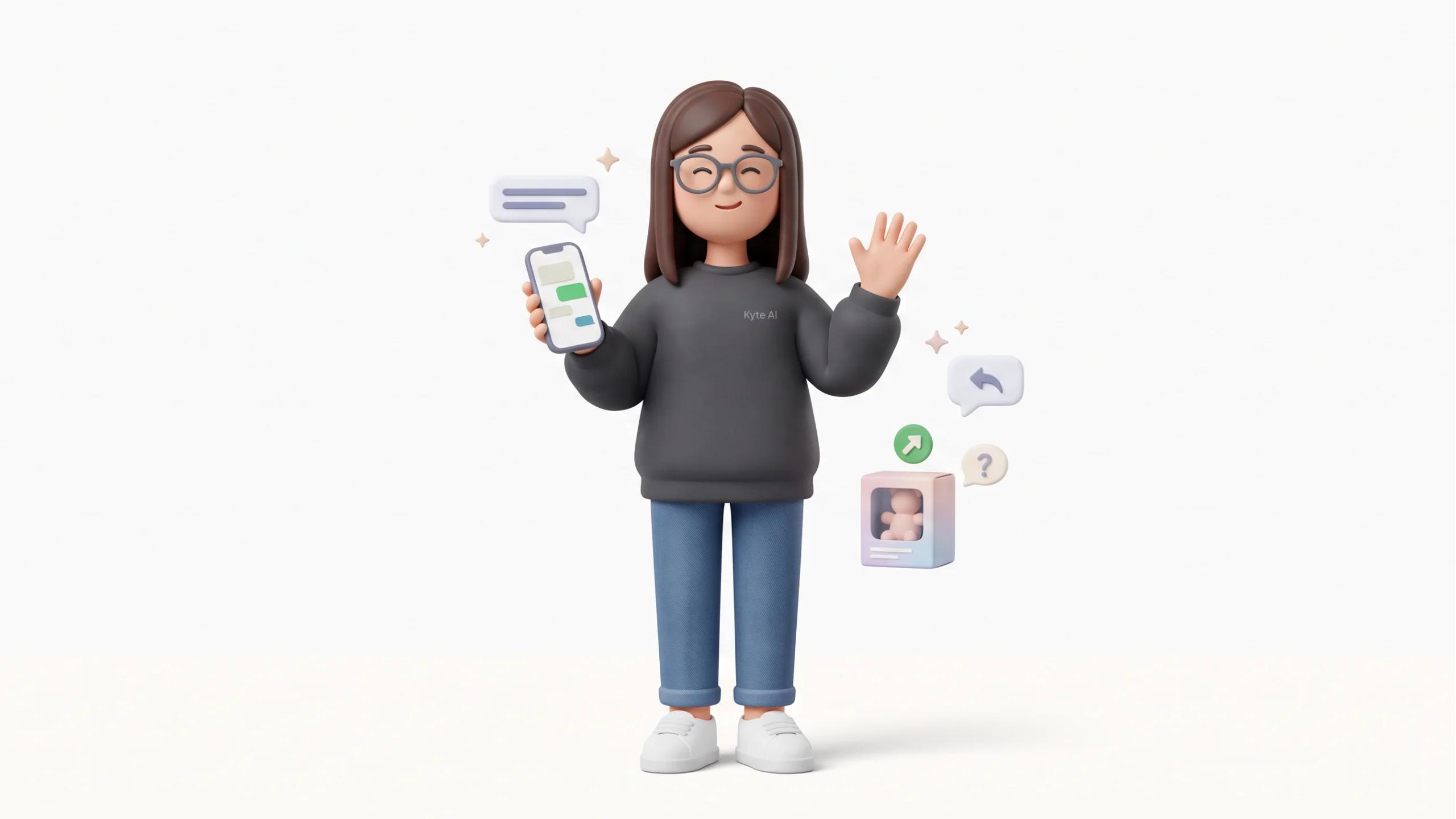 3D Character Standing comfortably in a relaxed full-body pose, with both feet firmly planted on the floor, holding a smartphone in one hand and gently waving with the other, as if reopening a customer conversation.