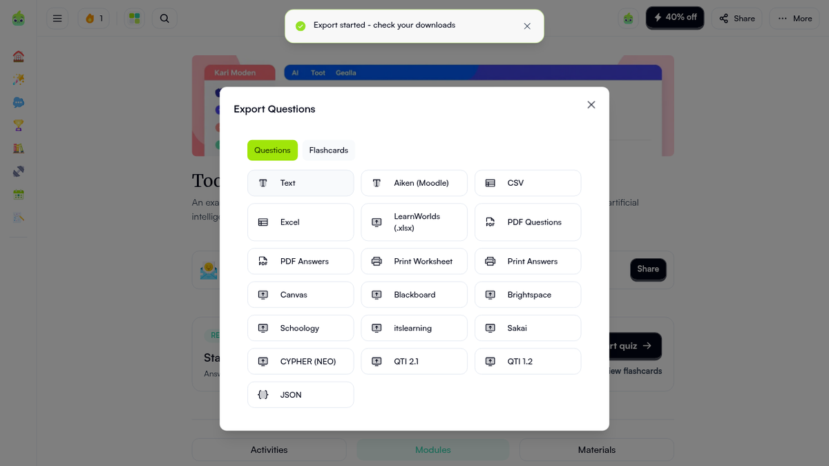 Quizgecko Export Questions dialog listing 19 formats with no lock icons, and an 'Export started - check your downloads' toast