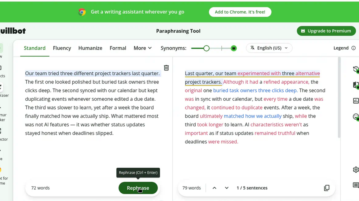 QuillBot Standard paraphrase result during hands-on review
