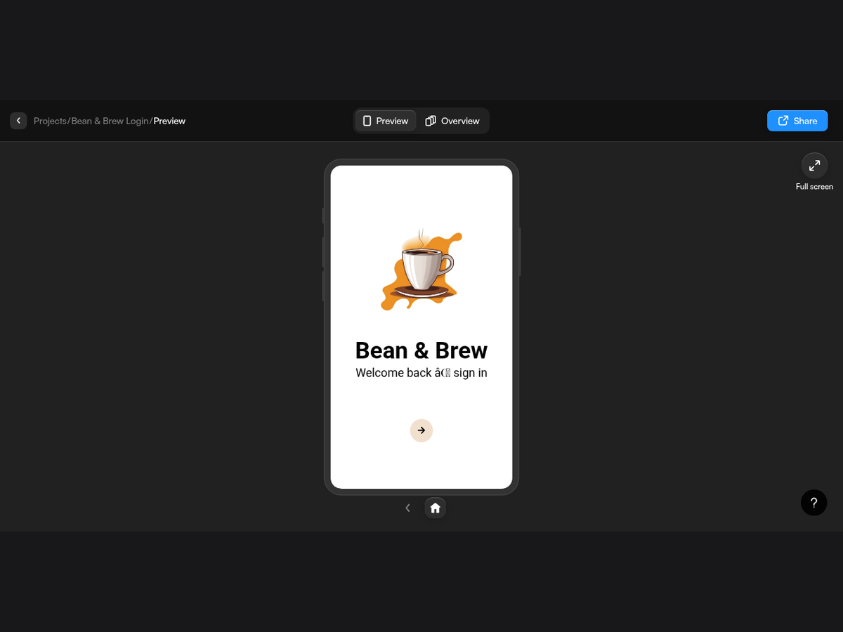 Uizard preview of Bean & Brew login screen showing encoding glitch