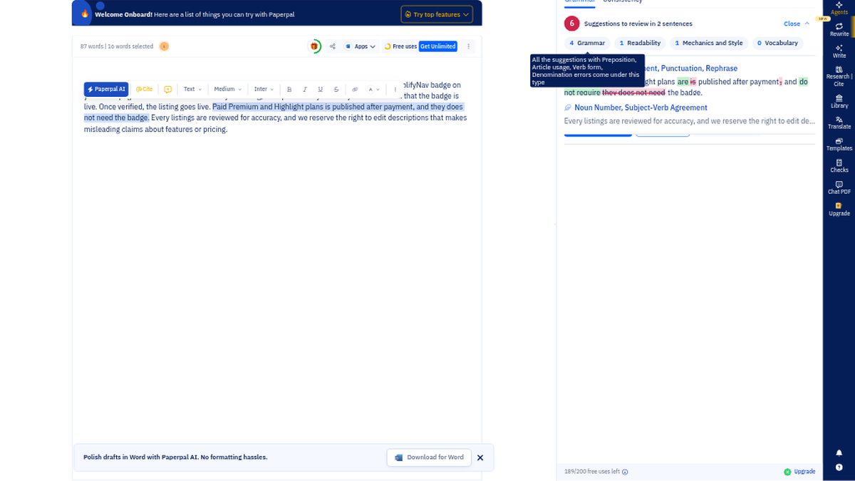 Paperpal editor after accepting fixes, with 6 suggestions left and the 189/200 free uses counter in the footer