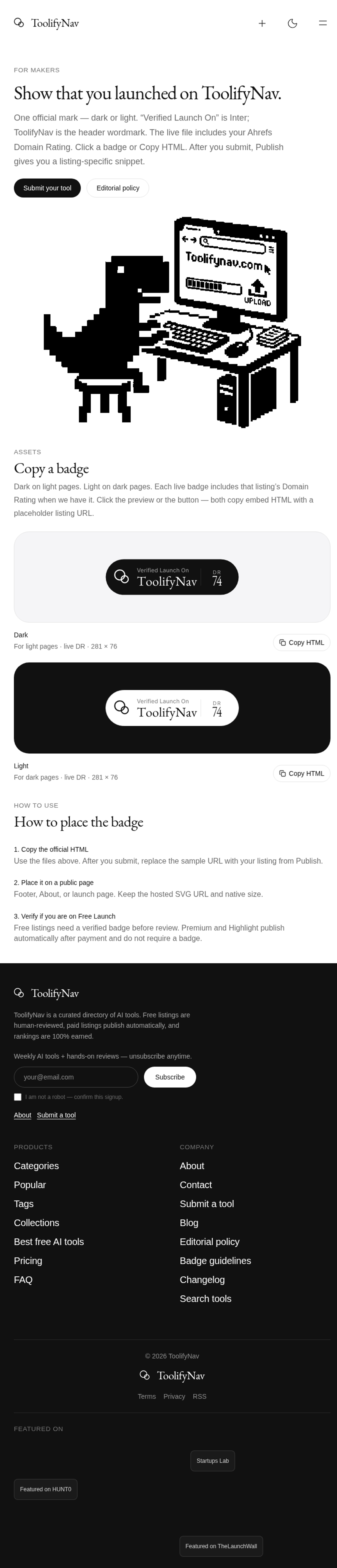 ToolifyNav badge guidelines: dark and light Listed badges with live DR
