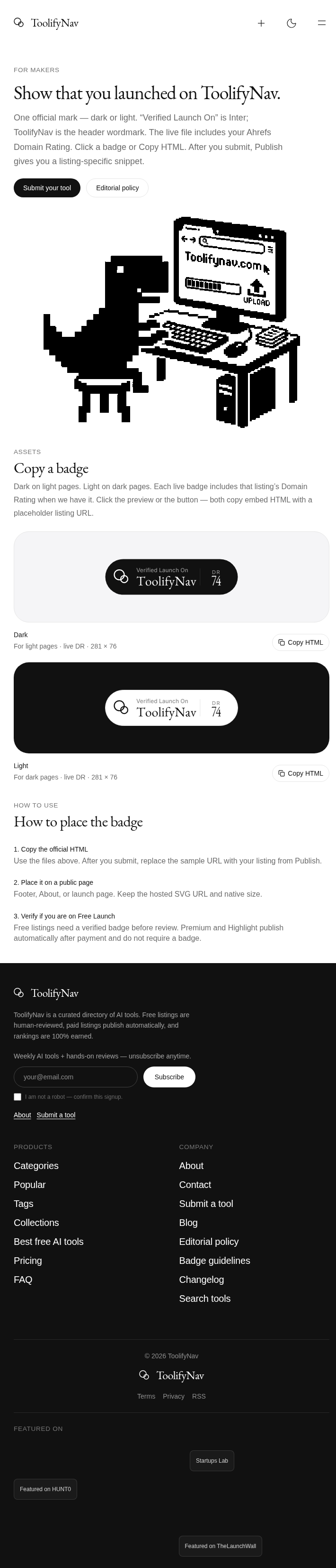 ToolifyNav badge guidelines: dark and light Listed badges with live DR