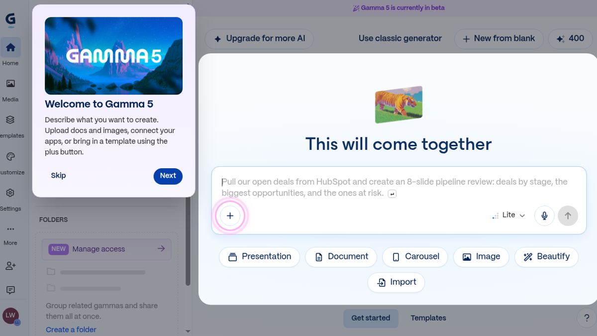 Gamma 5 dashboard create card with 400 free AI credits and Welcome to Gamma 5 modal