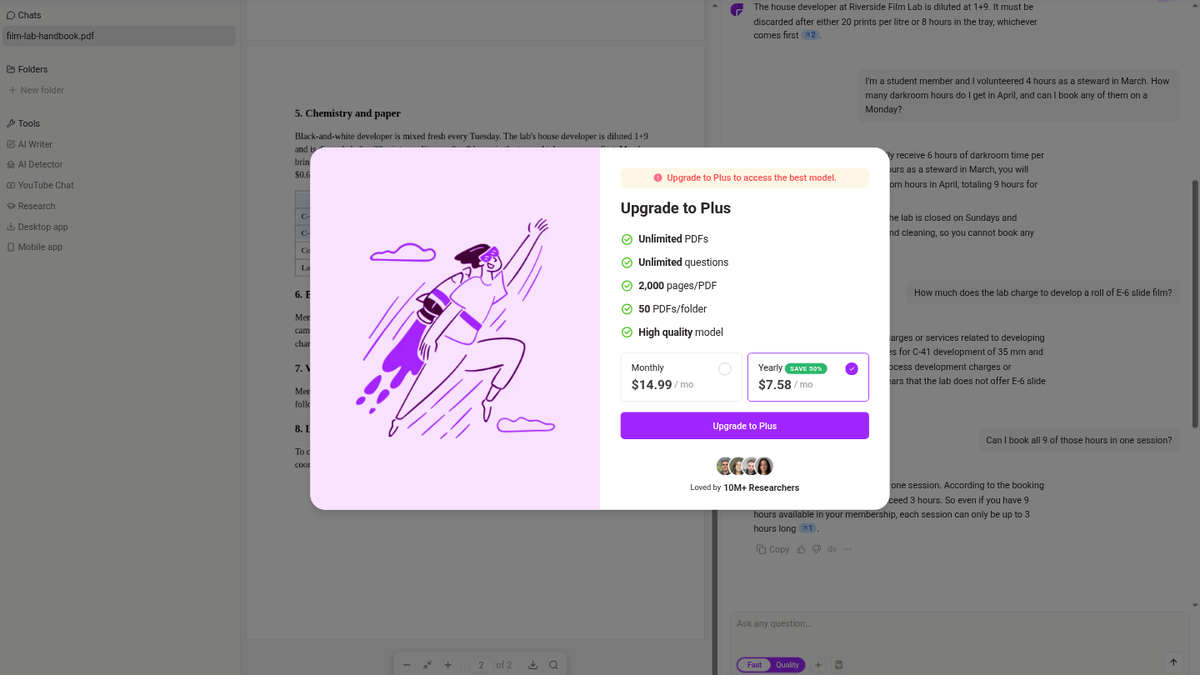ChatPDF Upgrade to Plus window after clicking the Quality toggle, showing $14.99 monthly and $7.58 yearly