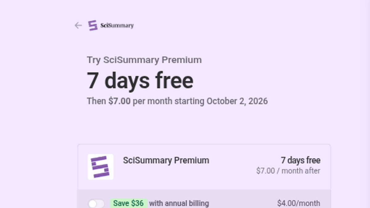 SciSummary Premium Stripe checkout: 7 days free, then $7.00 per month