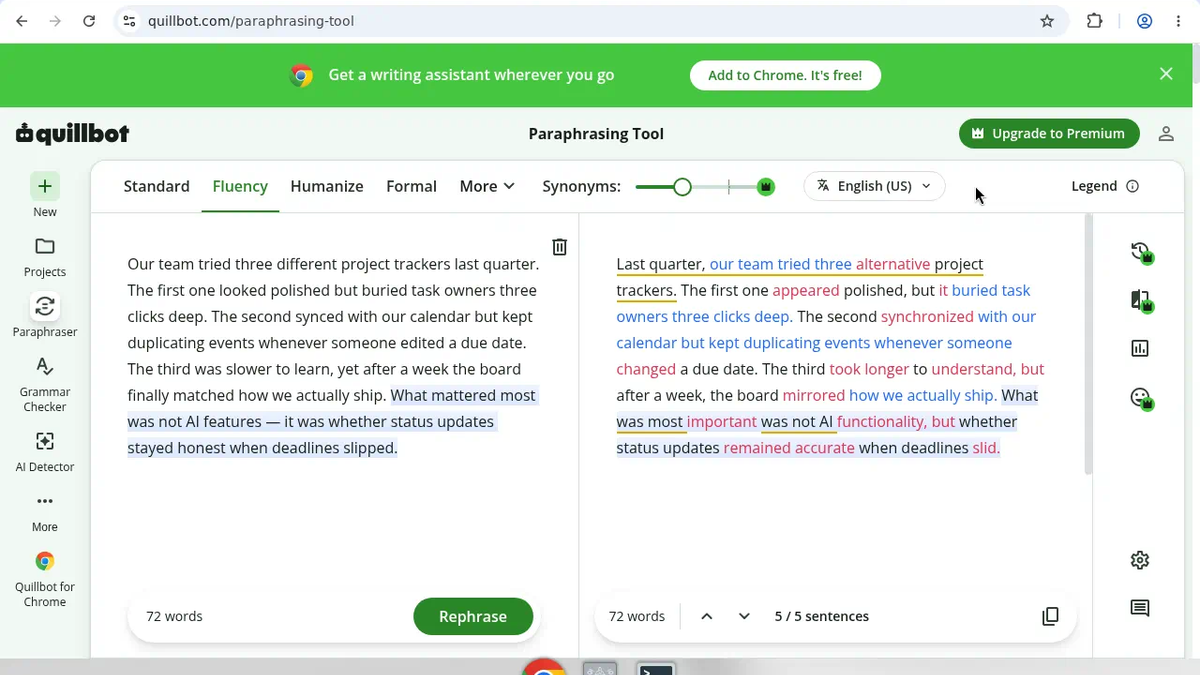 QuillBot Standard paraphrase result during hands-on review