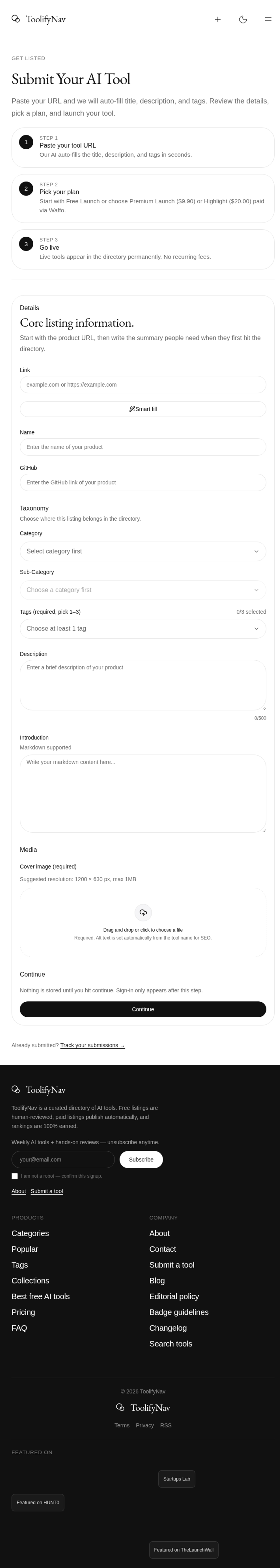 ToolifyNav submit form for launching an AI tool