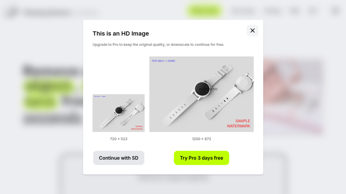 Cleanup.pictures HD Image modal: 720×523 Continue with SD vs 1200×872 Try Pro 3 days free
