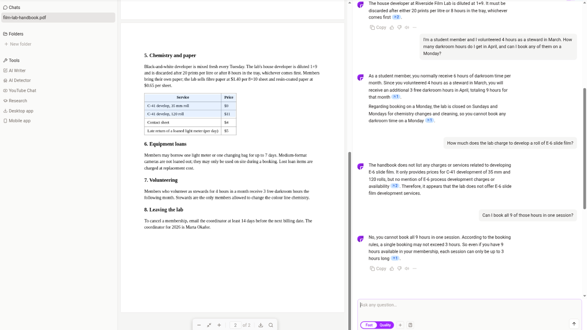 ChatPDF answer saying the handbook lists no E-6 slide film price, with the C-41 price table highlighted on page 2