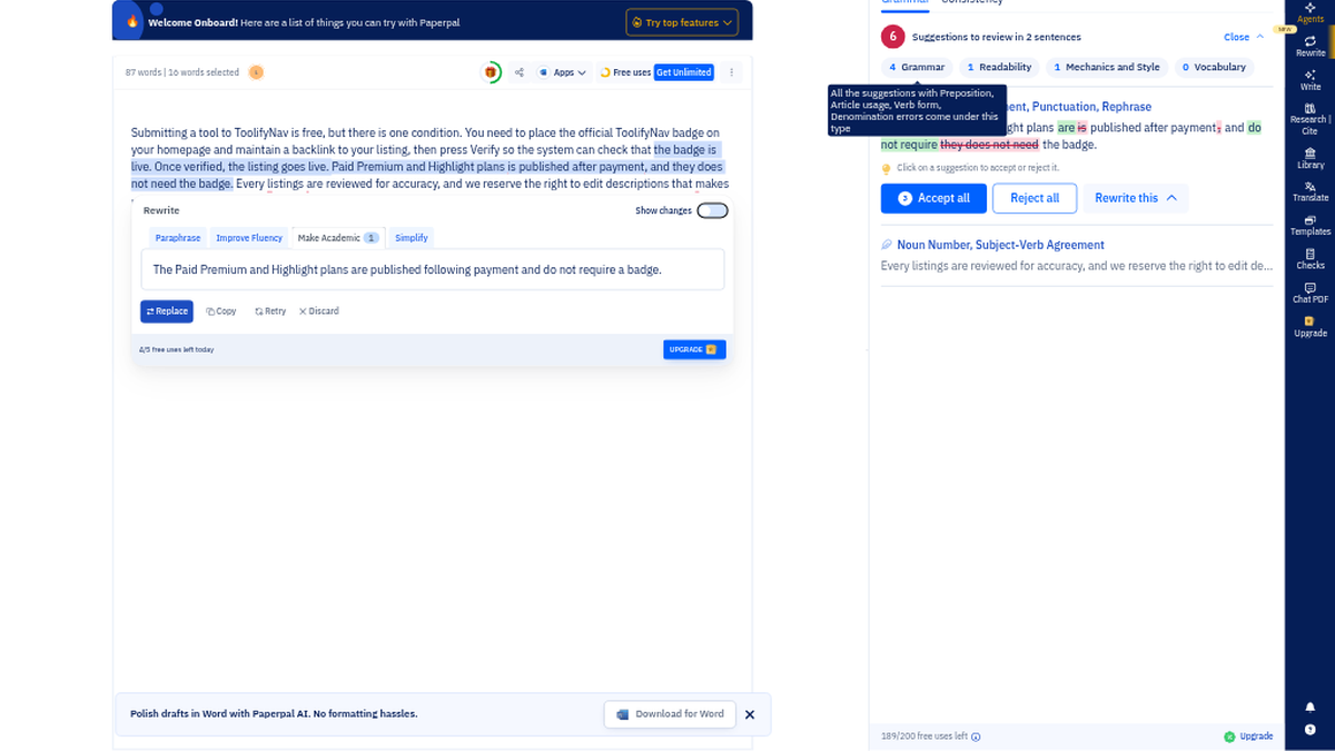 Paperpal AI Make Academic rewrite panel showing the corrected sentence and 4/5 free uses left today