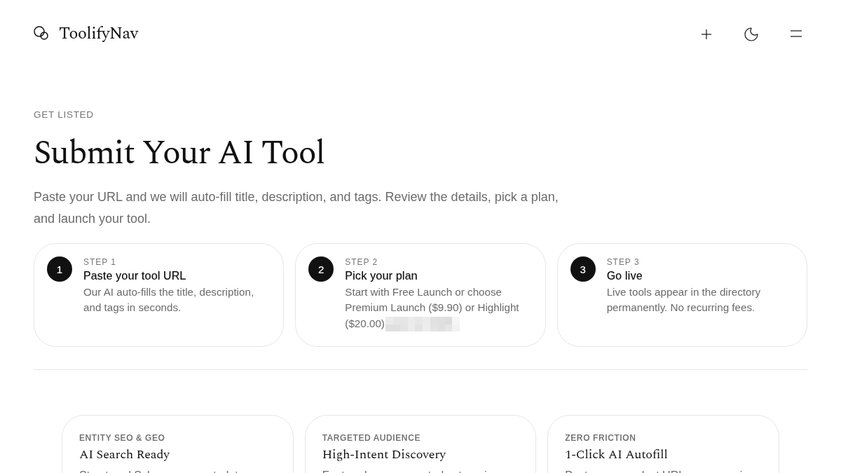 ToolifyNav submit page: paste your tool URL, pick a plan, go live