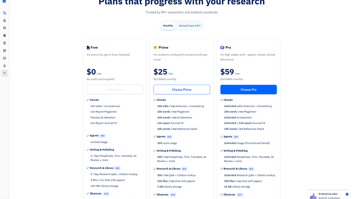 Paperpal in-app plans page comparing Free $0, Prime $25 and Pro $59 monthly plans