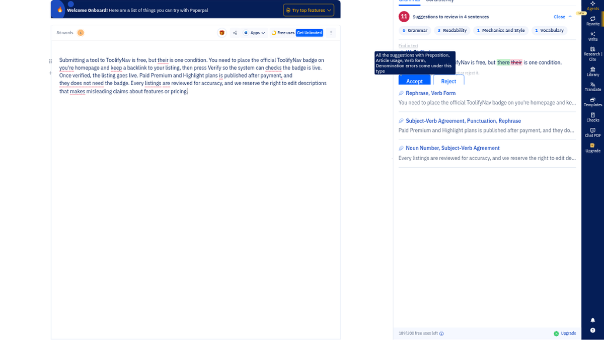 Paperpal free editor showing 11 suggestions in 4 sentences, split into Grammar, Readability, Mechanics and Style, and Vocabulary