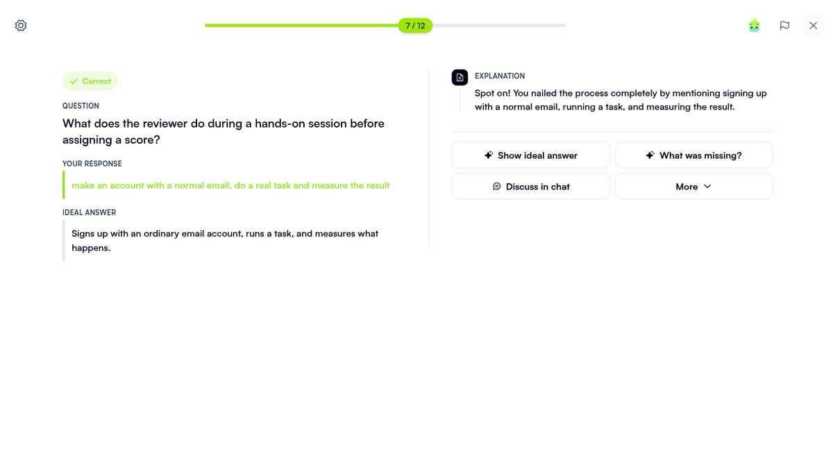 Quizgecko practice quiz marking a paraphrased short answer correct with the feedback 'Spot on!' next to the ideal answer