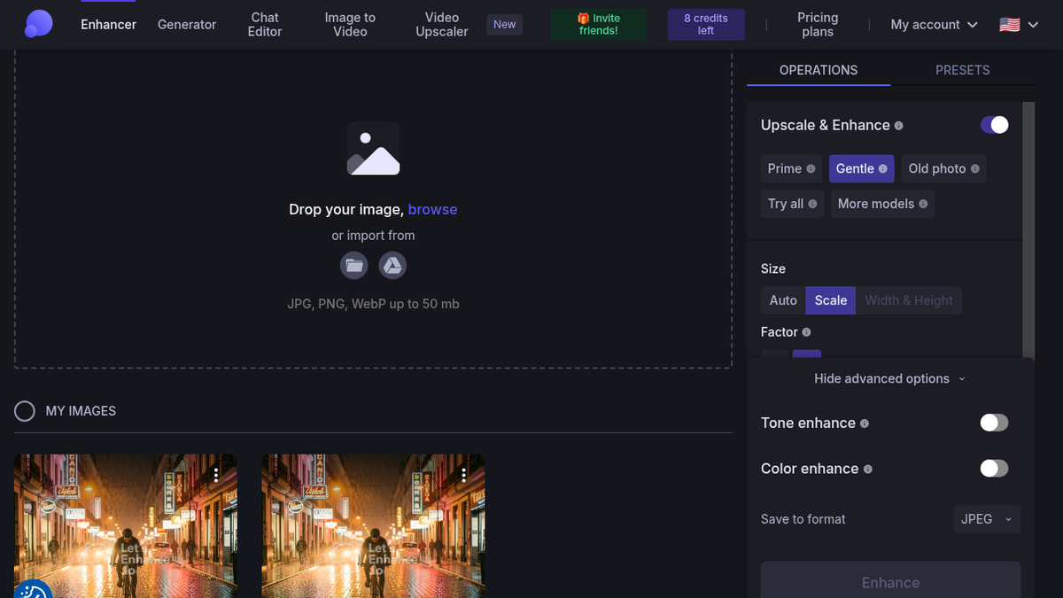 Let's Enhance with Gentle mode selected, 8 credits left, and the Prime and Gentle 4x results in My Images