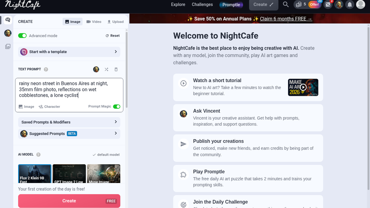 NightCafe Create panel with the Buenos Aires prompt, Prompt Magic on, Flux 2 Klein 9B Fast default model and Create FREE button