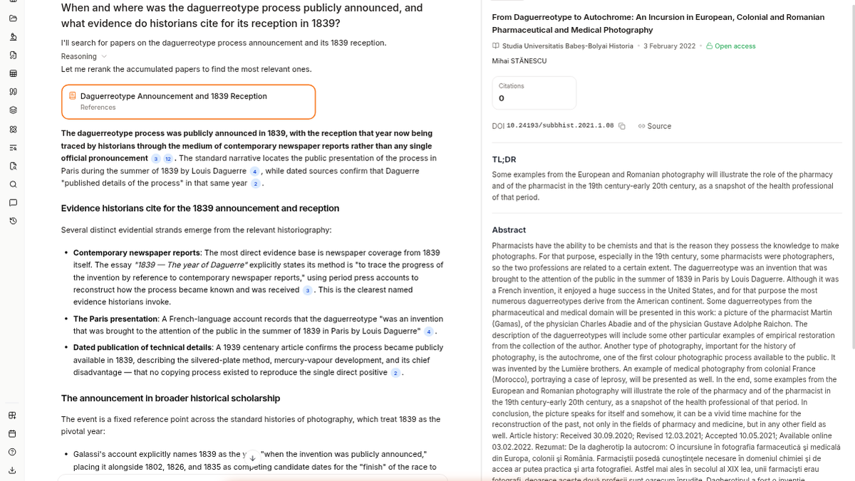 Paperguide split view with cited answer and Stănescu paper drawer open