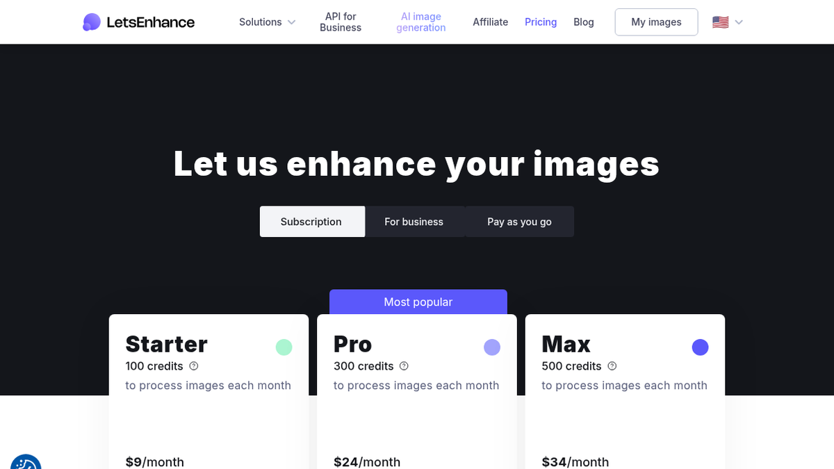 Let's Enhance pricing page with Starter $9, Pro $24 and Max $34 monthly plans billed annually