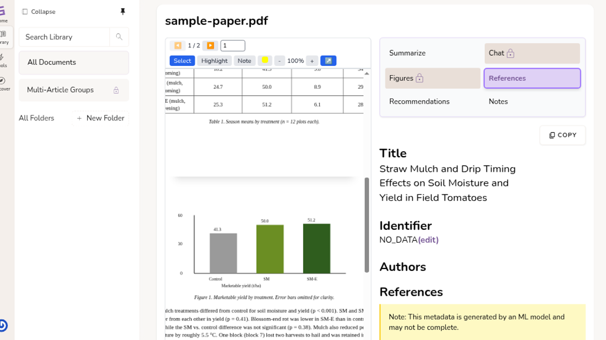 SciSummary References tab with Chat and Figures locked, title extracted, Identifier NO_DATA