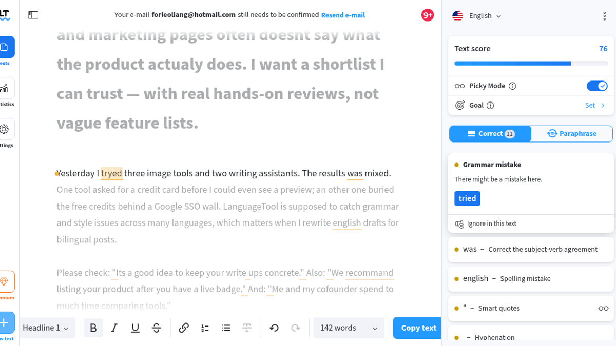LanguageTool editor after applying There fix, Text Score 76, Picky Mode on, tried suggestion card open