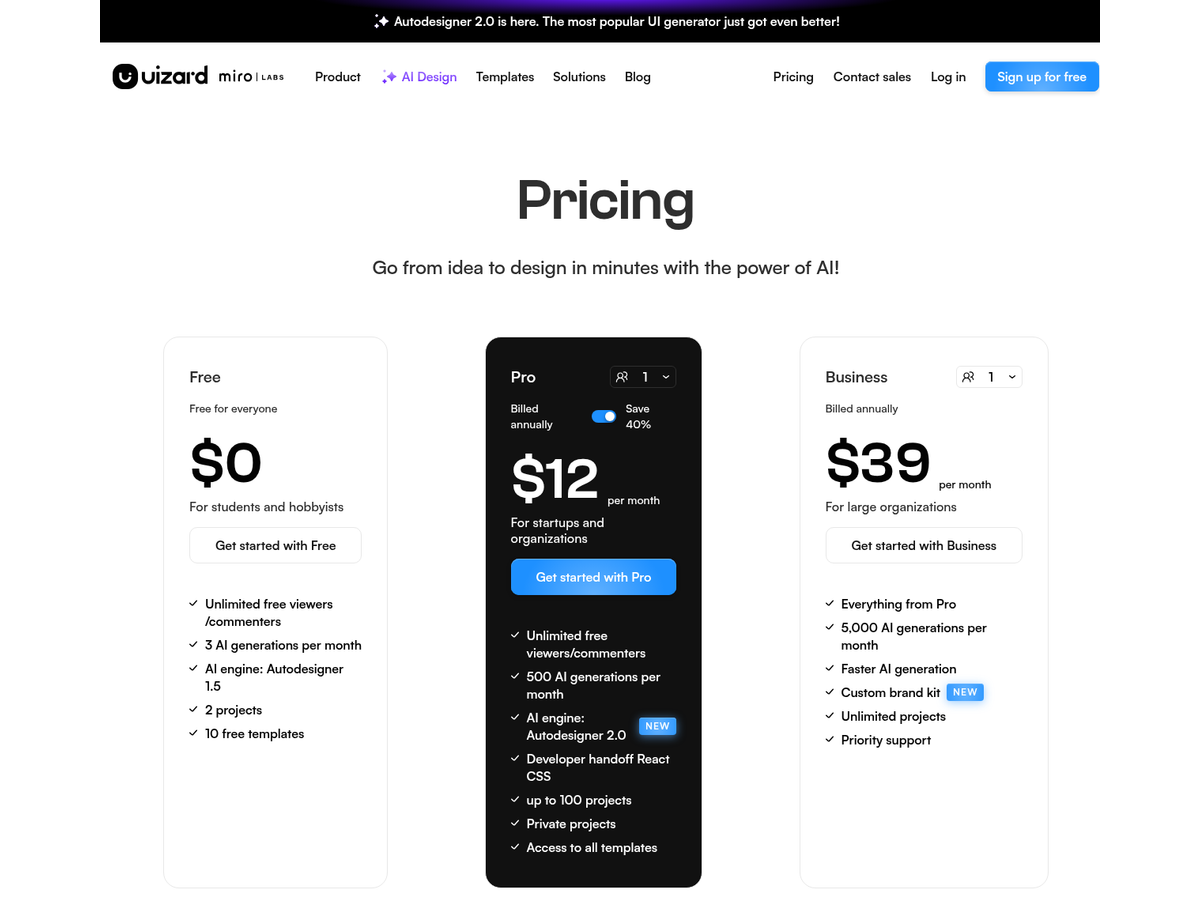 Uizard pricing page Free Pro Business plans
