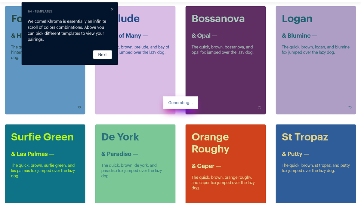 Khroma generator Poster/Type feed of two-color pairings with Generating bar