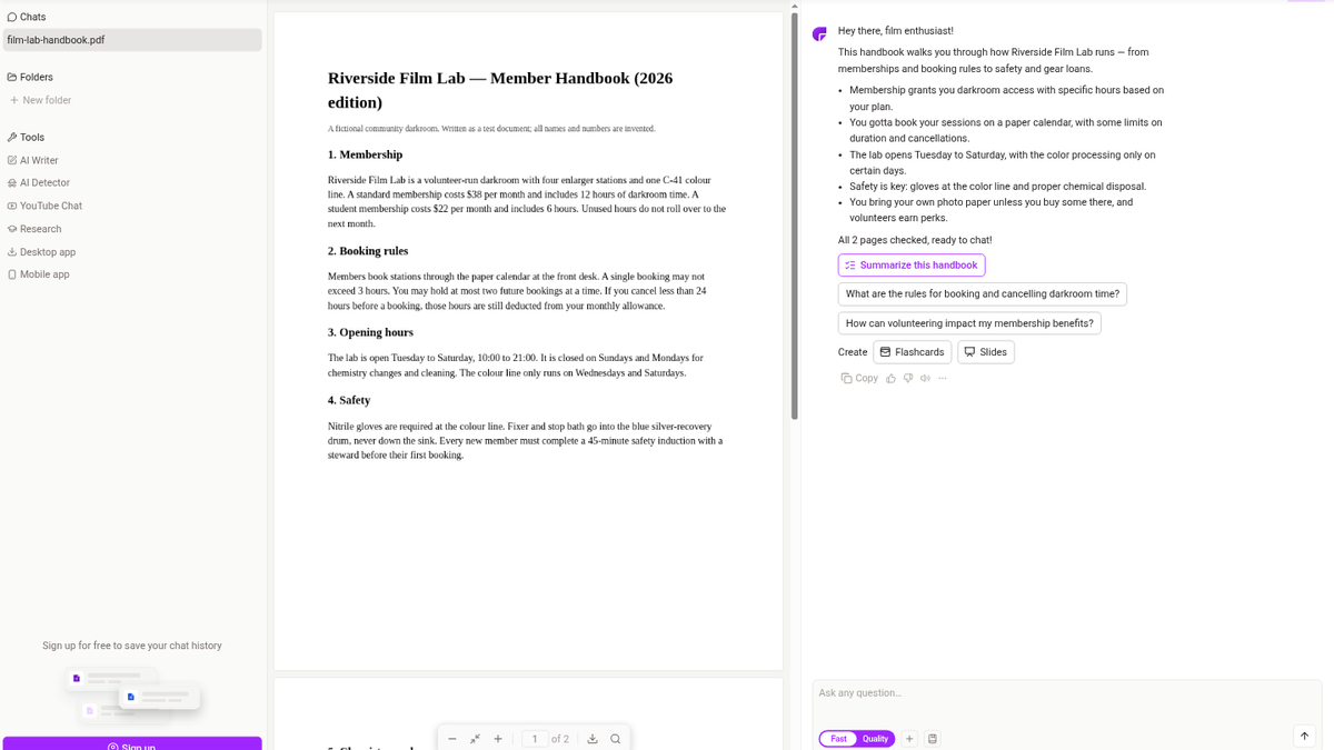 ChatPDF after uploading a two-page test handbook, with an auto-summary, suggested questions and Flashcards and Slides buttons