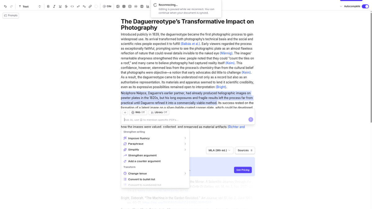 Jenni inline AI edit menu with Paraphrase and a reconnecting notice