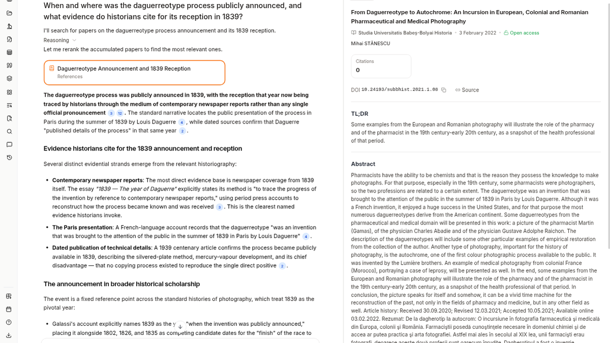 Paperguide AI Search answer on the daguerreotype with a cited paper open beside it